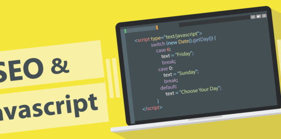 Надпись SEO и Javascript на желтом фоне с изображением кода на ноутбуке
